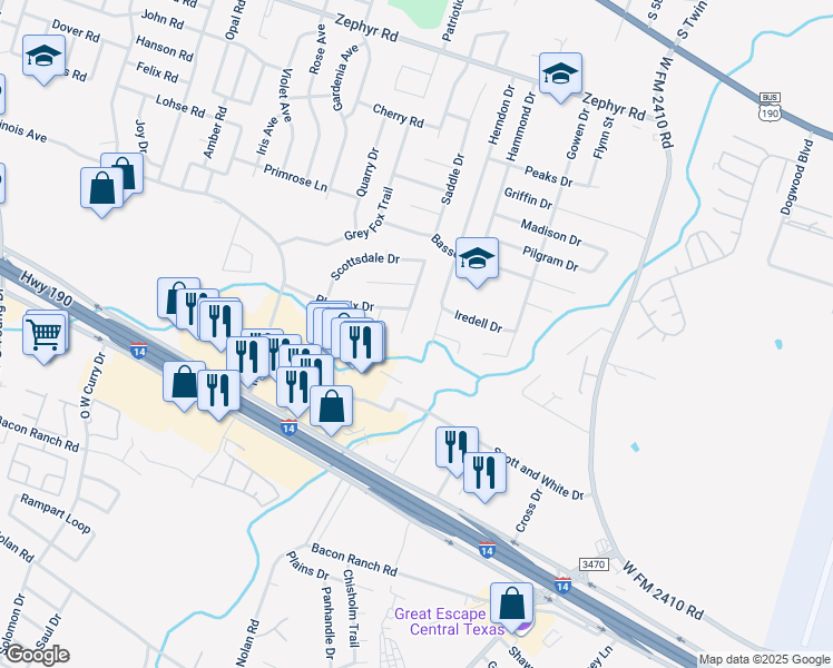 map of restaurants, bars, coffee shops, grocery stores, and more near 2108 Flagstaff Drive in Killeen