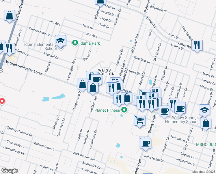 map of restaurants, bars, coffee shops, grocery stores, and more near 4002 Gus Drive in Killeen