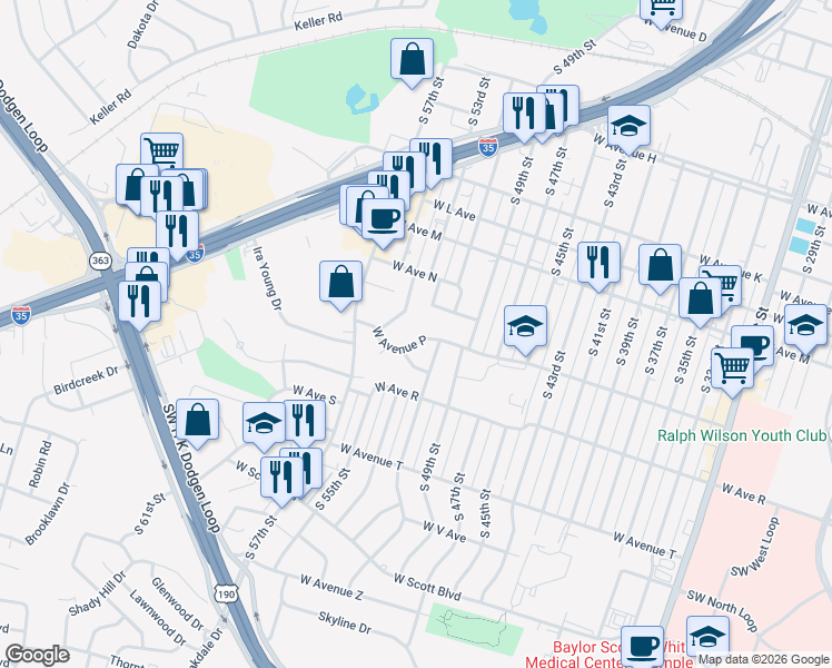 map of restaurants, bars, coffee shops, grocery stores, and more near 2612 West Avenue P in Temple