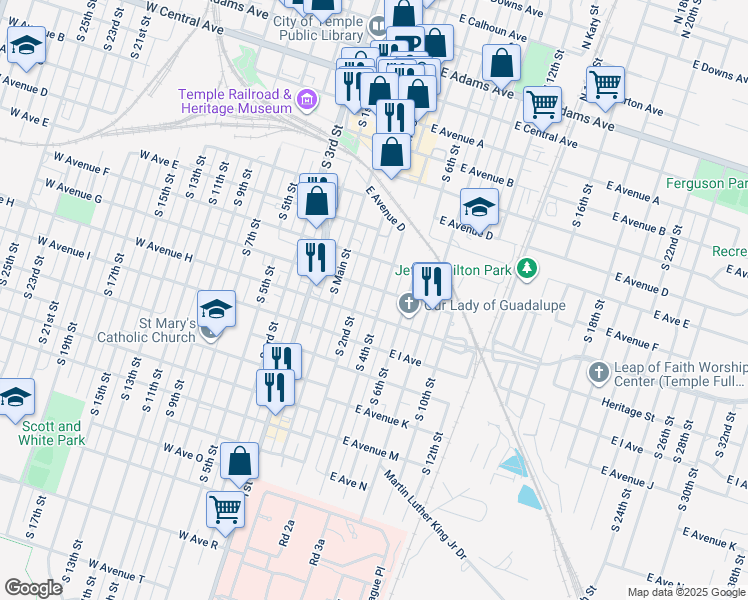 map of restaurants, bars, coffee shops, grocery stores, and more near 703 South 2nd Street in Temple