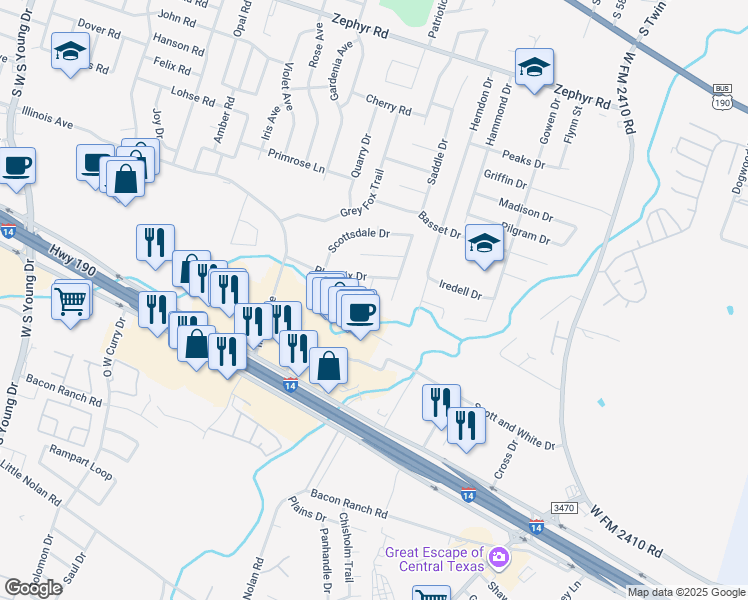map of restaurants, bars, coffee shops, grocery stores, and more near 2204 Sedona Circle in Killeen
