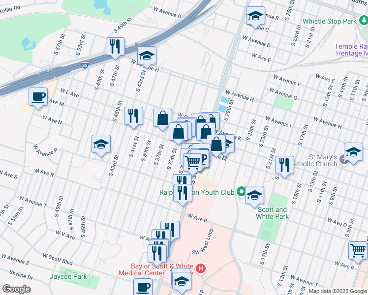 map of restaurants, bars, coffee shops, grocery stores, and more near 1704 West M Avenue in Temple