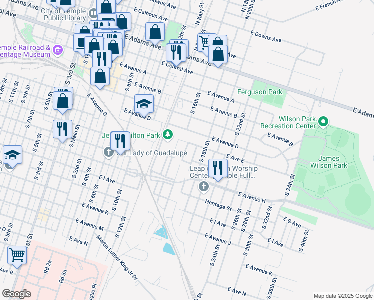 map of restaurants, bars, coffee shops, grocery stores, and more near 509 South Henderson Street in Temple