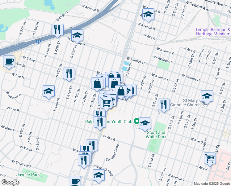 map of restaurants, bars, coffee shops, grocery stores, and more near 1219 South 31st Street in Temple
