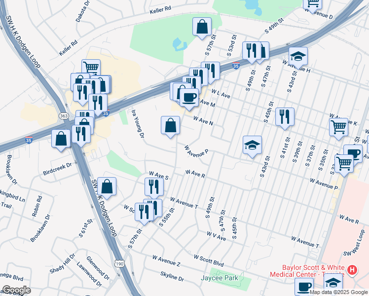 map of restaurants, bars, coffee shops, grocery stores, and more near 2803 West Avenue P in Temple