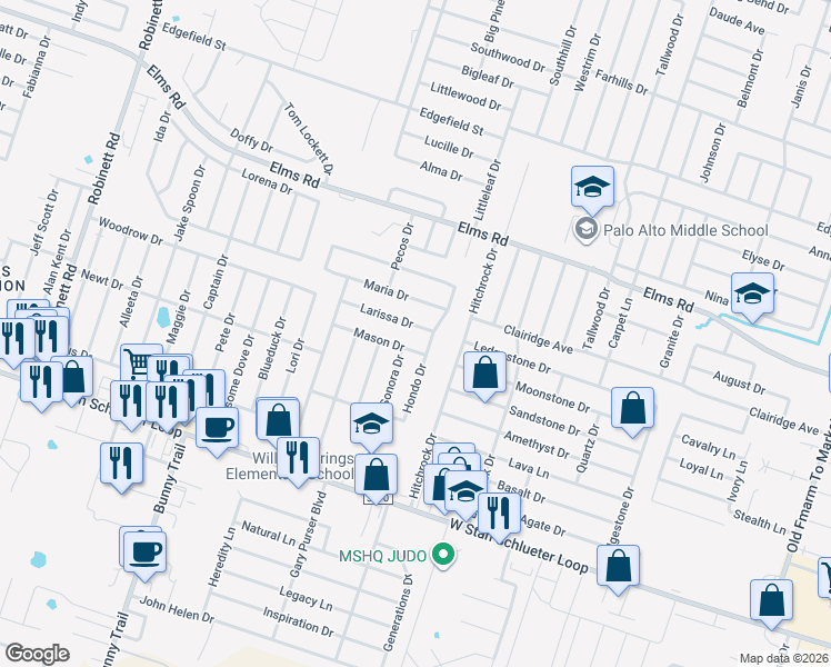 map of restaurants, bars, coffee shops, grocery stores, and more near 2604 Larissa Drive in Killeen