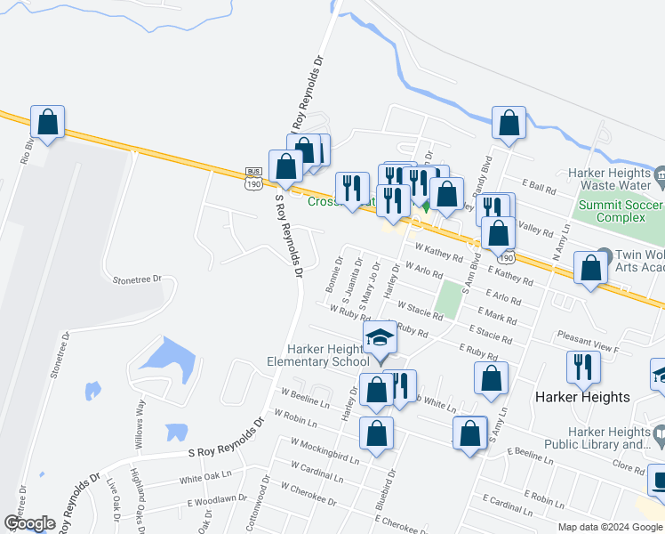 map of restaurants, bars, coffee shops, grocery stores, and more near 108 Forest Circle in Harker Heights