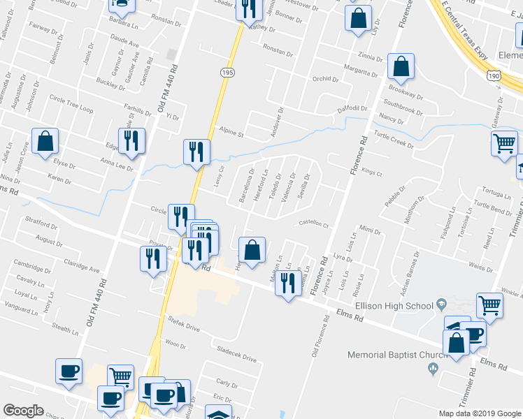 map of restaurants, bars, coffee shops, grocery stores, and more near 3407 Toledo Drive in Killeen