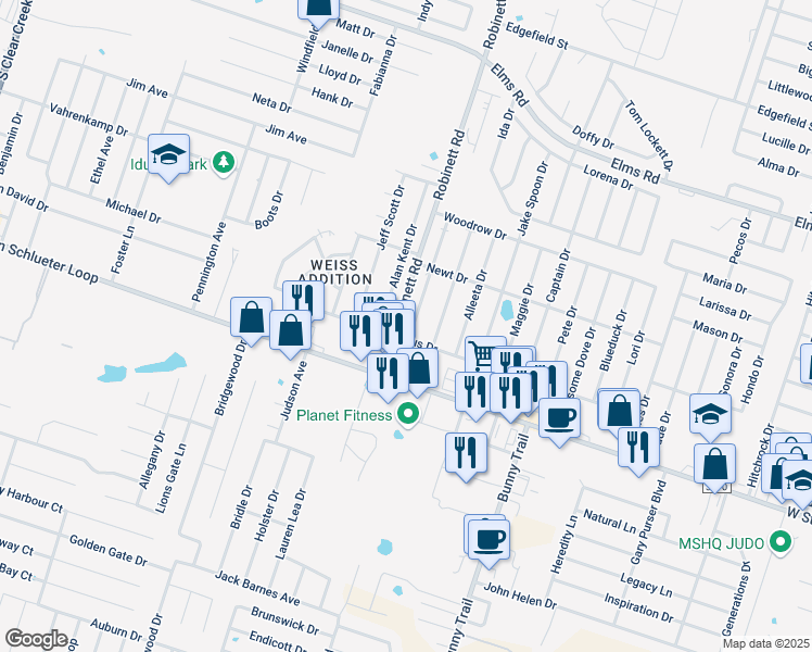 map of restaurants, bars, coffee shops, grocery stores, and more near 4504 Deek Drive in Killeen