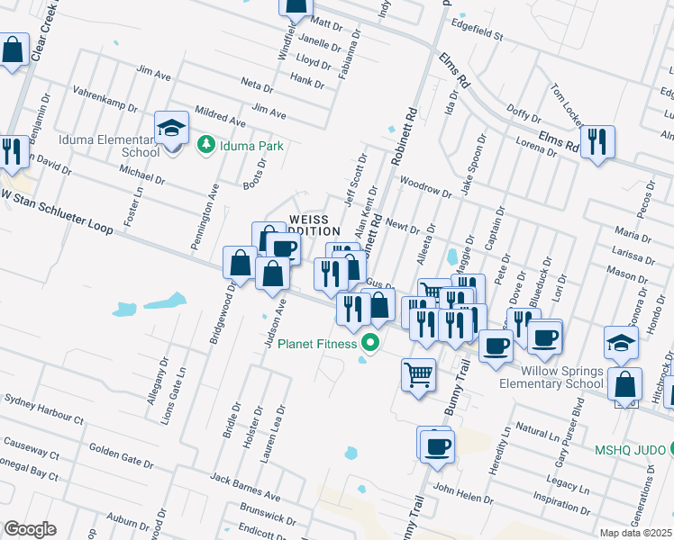 map of restaurants, bars, coffee shops, grocery stores, and more near 4509 Alan Kent Drive in Killeen