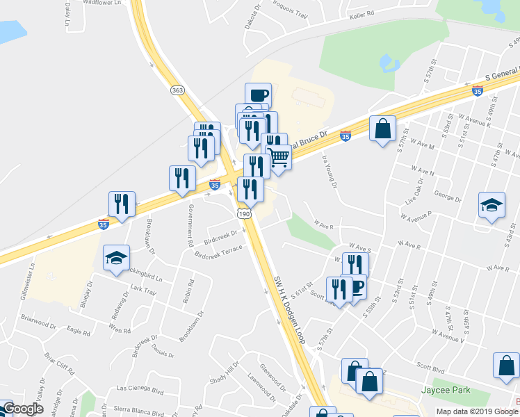 map of restaurants, bars, coffee shops, grocery stores, and more near 3608 Southwest H K Dodgen Loop in Temple