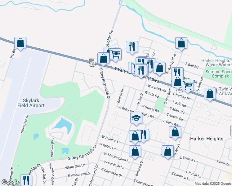 map of restaurants, bars, coffee shops, grocery stores, and more near 108 Forest Circle in Harker Heights