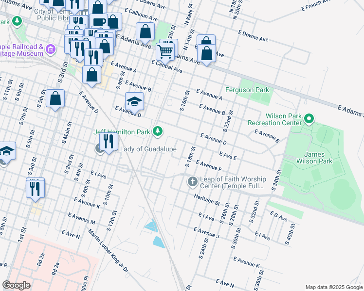 map of restaurants, bars, coffee shops, grocery stores, and more near 508 S Knob St in Temple