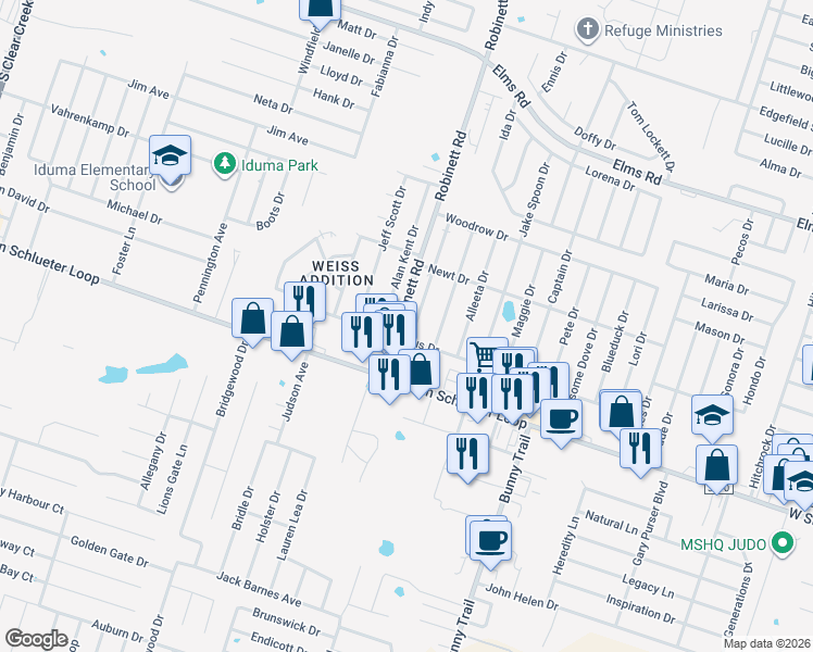 map of restaurants, bars, coffee shops, grocery stores, and more near 4504 Deek Drive in Killeen