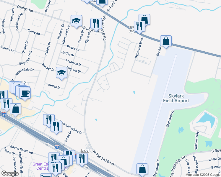 map of restaurants, bars, coffee shops, grocery stores, and more near 217 Chinquapin Circle in Killeen
