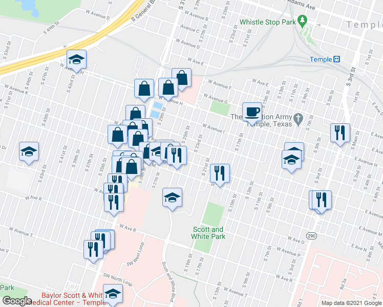 map of restaurants, bars, coffee shops, grocery stores, and more near 1102 South 23rd Street in Temple