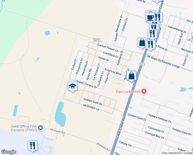 map of restaurants, bars, coffee shops, grocery stores, and more near 5209 La Terraza Lane in Killeen