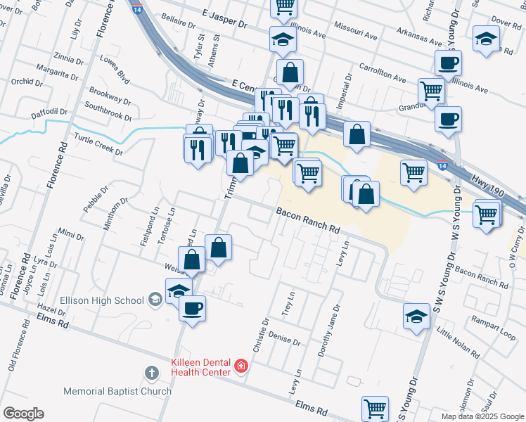 map of restaurants, bars, coffee shops, grocery stores, and more near 1103 Covey Lane in Killeen