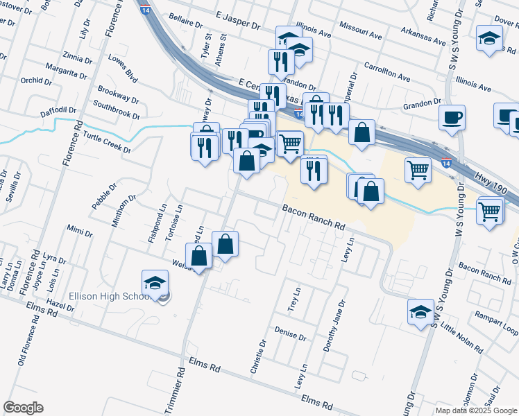 map of restaurants, bars, coffee shops, grocery stores, and more near 1103 Covey Lane in Killeen