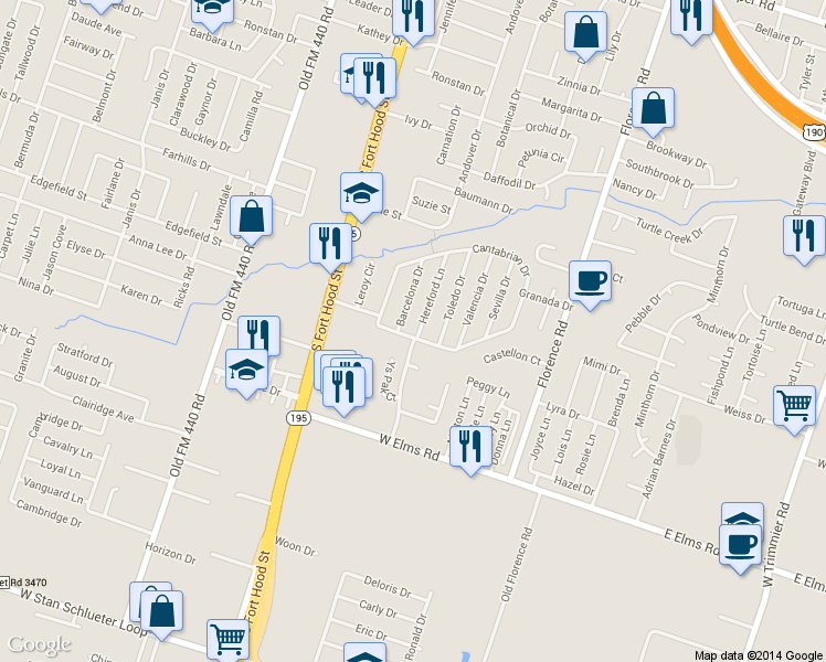 map of restaurants, bars, coffee shops, grocery stores, and more near 3409 Barcelona Drive in Killeen