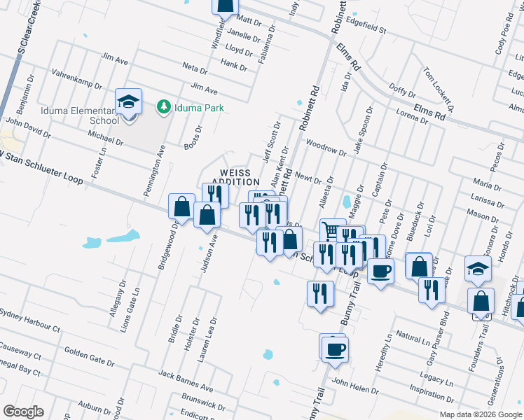 map of restaurants, bars, coffee shops, grocery stores, and more near 4509 Alan Kent Drive in Killeen