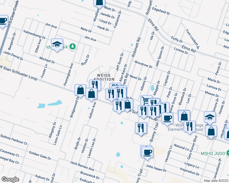 map of restaurants, bars, coffee shops, grocery stores, and more near 4509 Alan Kent Drive in Killeen