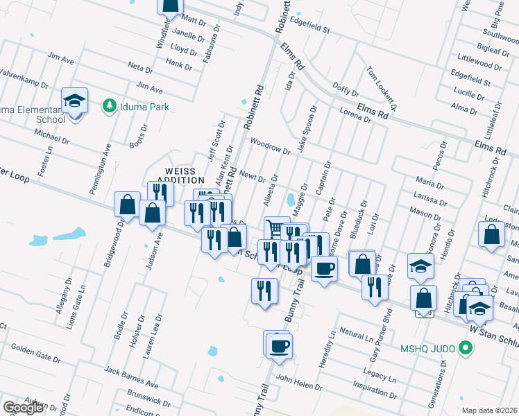 map of restaurants, bars, coffee shops, grocery stores, and more near 4500 July Drive in Killeen