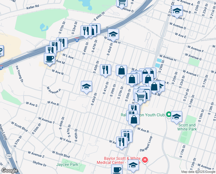 map of restaurants, bars, coffee shops, grocery stores, and more near 1315 South 41st Street in Temple