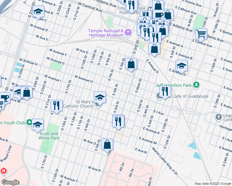 map of restaurants, bars, coffee shops, grocery stores, and more near 811 South 5th Street in Temple