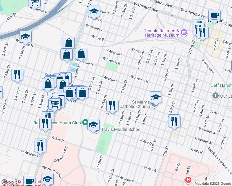 map of restaurants, bars, coffee shops, grocery stores, and more near 1001 South 19th Street in Temple
