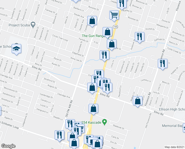 map of restaurants, bars, coffee shops, grocery stores, and more near 1007 Circle M Drive in Killeen