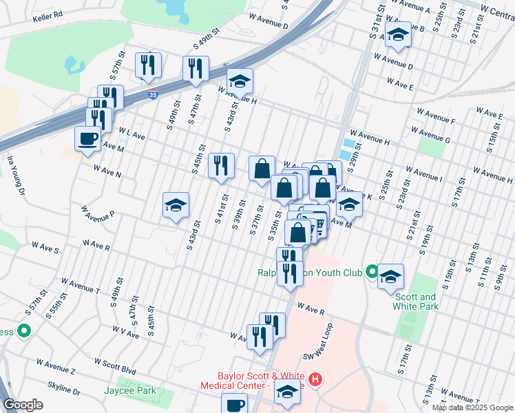 map of restaurants, bars, coffee shops, grocery stores, and more near 1308 South 37th Street in Temple