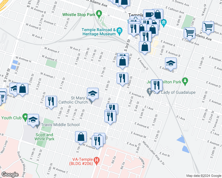 map of restaurants, bars, coffee shops, grocery stores, and more near 806 South 3rd Street in Temple