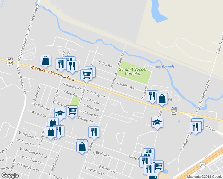 map of restaurants, bars, coffee shops, grocery stores, and more near 101 North Amy Lane in Harker Heights