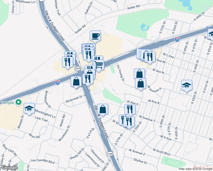 map of restaurants, bars, coffee shops, grocery stores, and more near 3221 West Avenue R in Temple