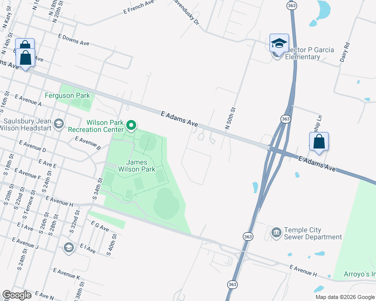 map of restaurants, bars, coffee shops, grocery stores, and more near 2315 East Adams Avenue in Temple