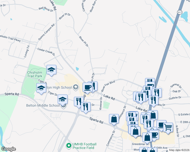 map of restaurants, bars, coffee shops, grocery stores, and more near 520 Red River Road in Belton