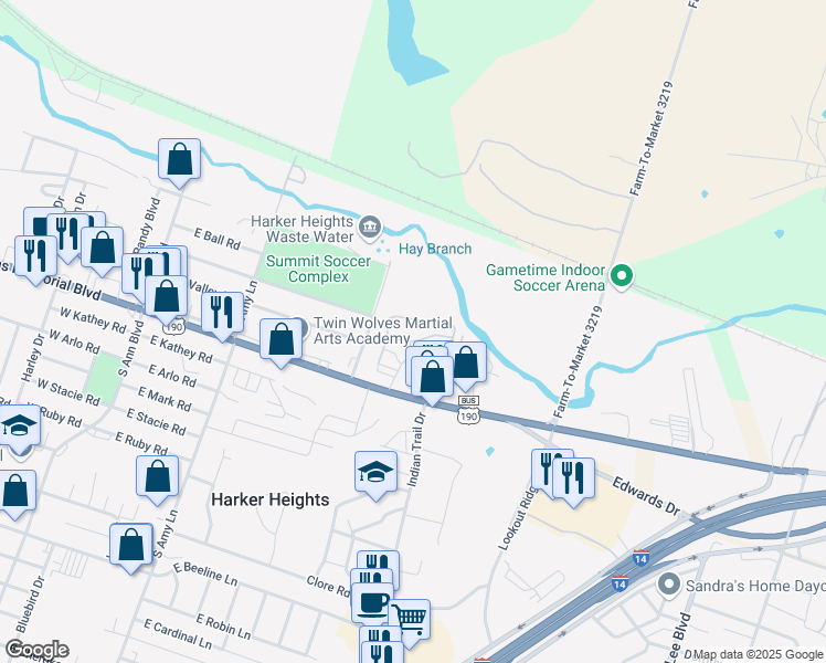 map of restaurants, bars, coffee shops, grocery stores, and more near 521 East Veterans Memorial Boulevard in Harker Heights