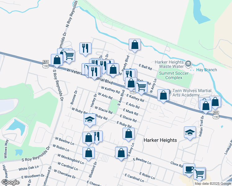 map of restaurants, bars, coffee shops, grocery stores, and more near 112 West Kathey Road in Harker Heights