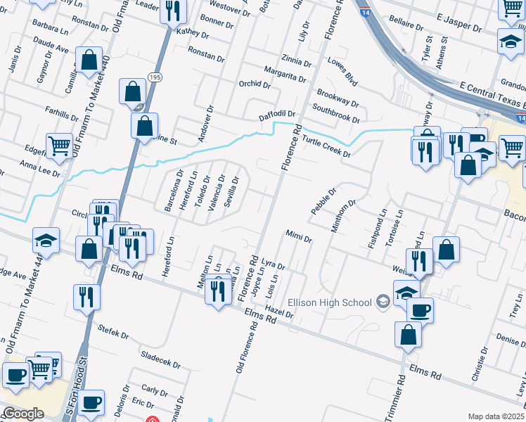 map of restaurants, bars, coffee shops, grocery stores, and more near 3306 Alicante Court in Killeen