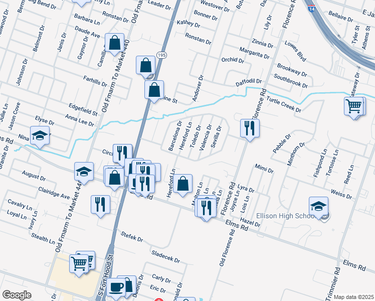 map of restaurants, bars, coffee shops, grocery stores, and more near 3407 Toledo Drive in Killeen