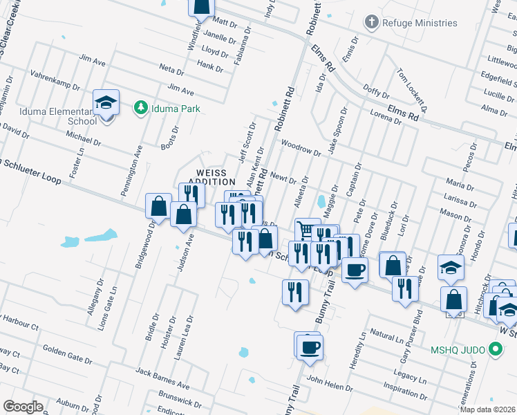 map of restaurants, bars, coffee shops, grocery stores, and more near 4504 Deek Drive in Killeen