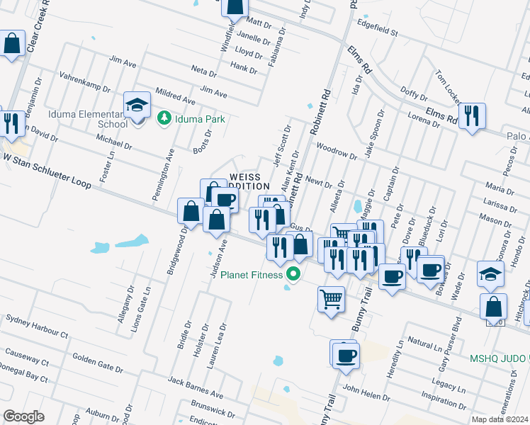 map of restaurants, bars, coffee shops, grocery stores, and more near 4509 Alan Kent Drive in Killeen