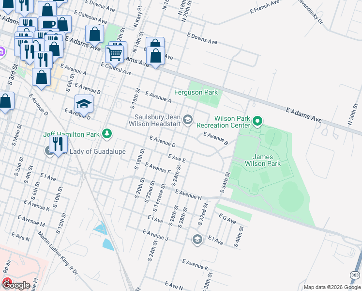 map of restaurants, bars, coffee shops, grocery stores, and more near 320 South 24th Street in Temple