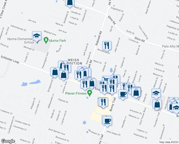 map of restaurants, bars, coffee shops, grocery stores, and more near 4505 Deek Drive in Killeen