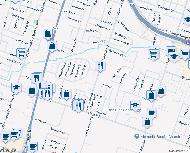 map of restaurants, bars, coffee shops, grocery stores, and more near 3306 Alicante Court in Killeen