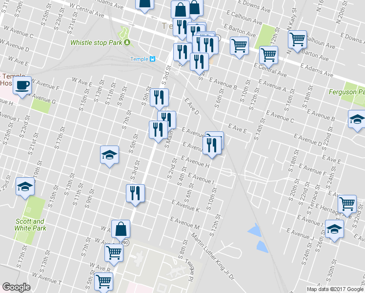 map of restaurants, bars, coffee shops, grocery stores, and more near 703 South 2nd Street in Temple