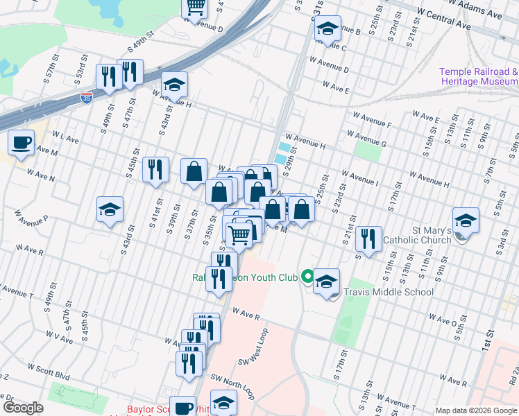 map of restaurants, bars, coffee shops, grocery stores, and more near 1205 South 31st Street in Temple