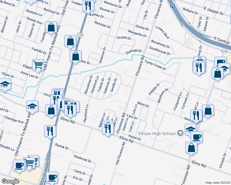 map of restaurants, bars, coffee shops, grocery stores, and more near 3301 Cantabrian Drive in Killeen