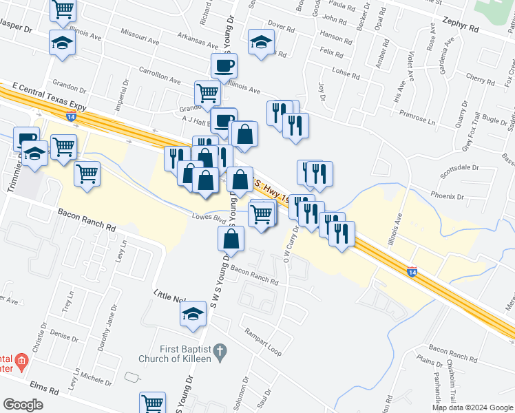 map of restaurants, bars, coffee shops, grocery stores, and more near 2210 East Central Texas Expressway in Killeen
